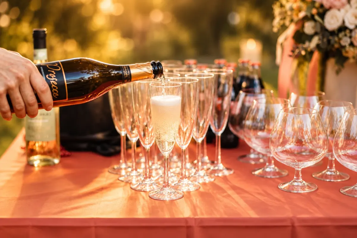 Nalievanie prosecca do pohárov na oslave
