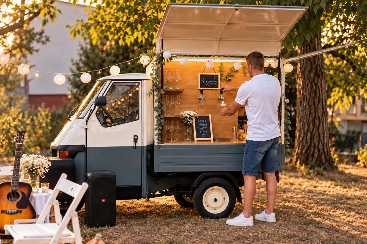 Barman čapuje prosecco z Piaggio Ape na podujatí
