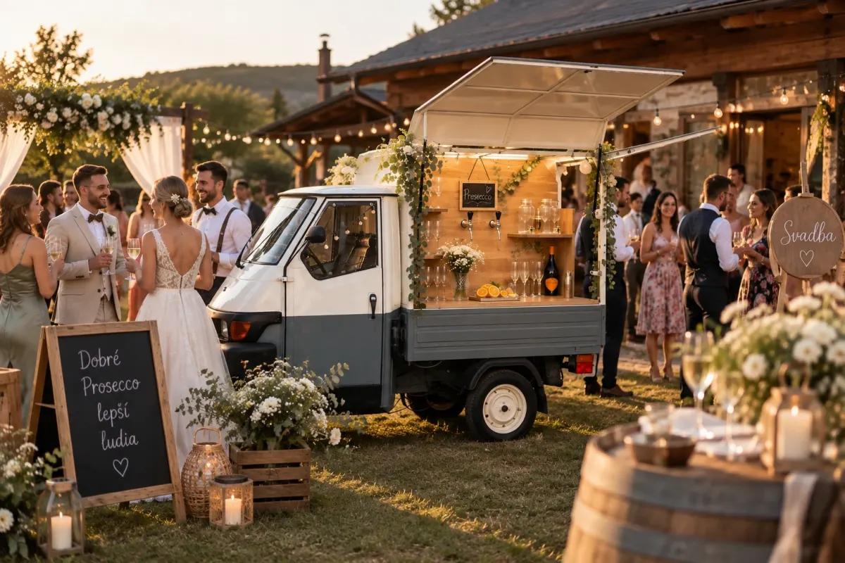 Prosecco Van na svadbe, nevesta a hostia pri bare